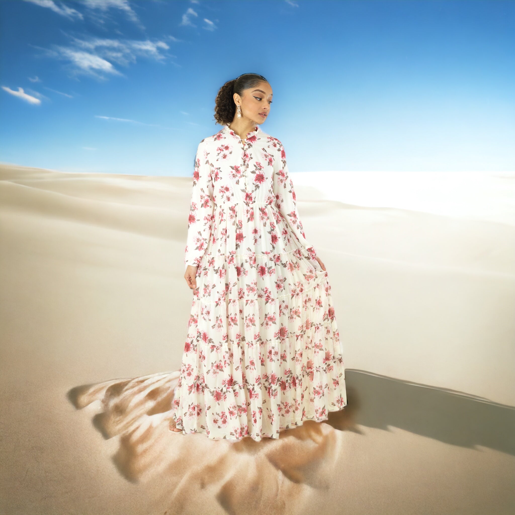 White Hibiscus floral print modest maxi dress Kabayare