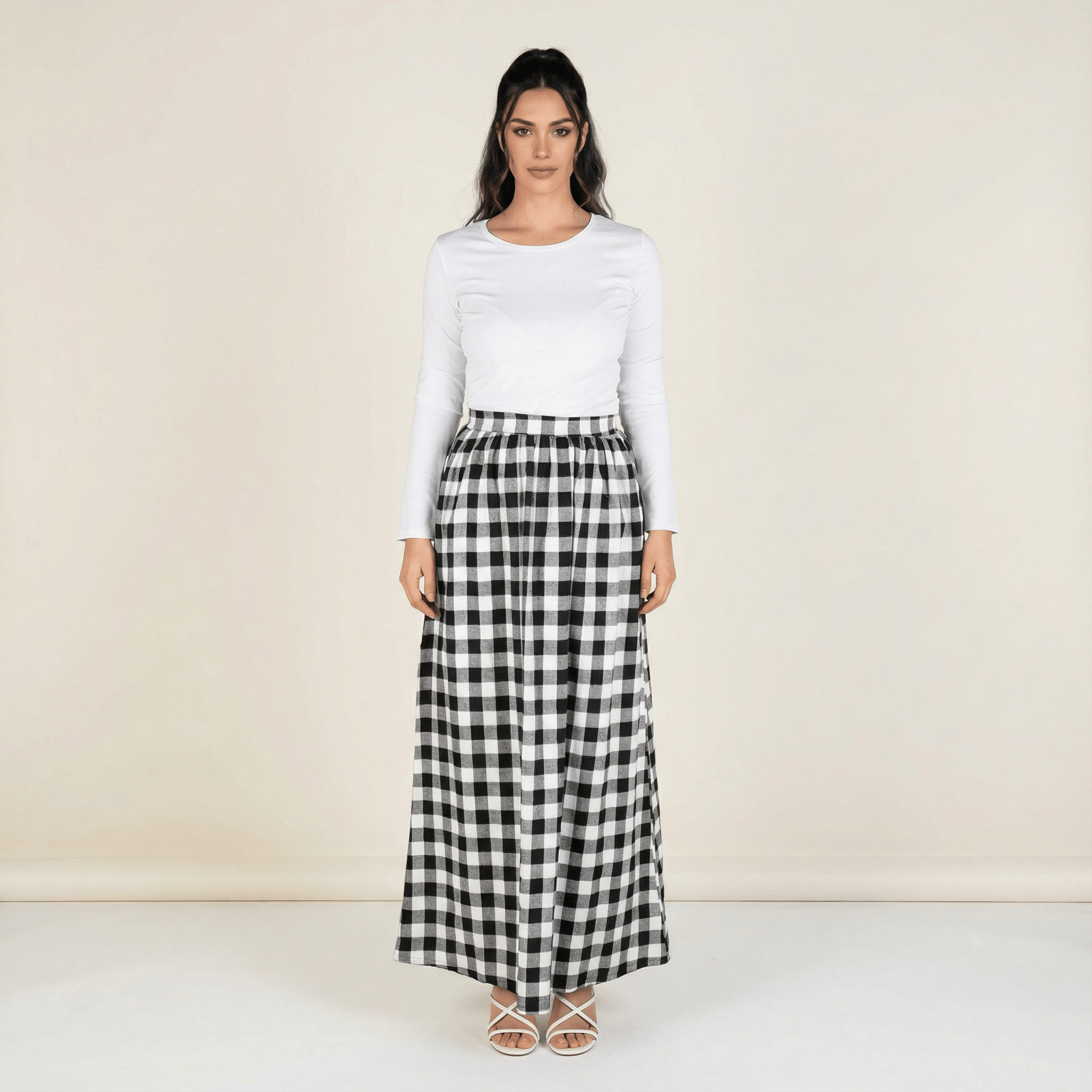White Plaid Maxi Skirt Kabayare
