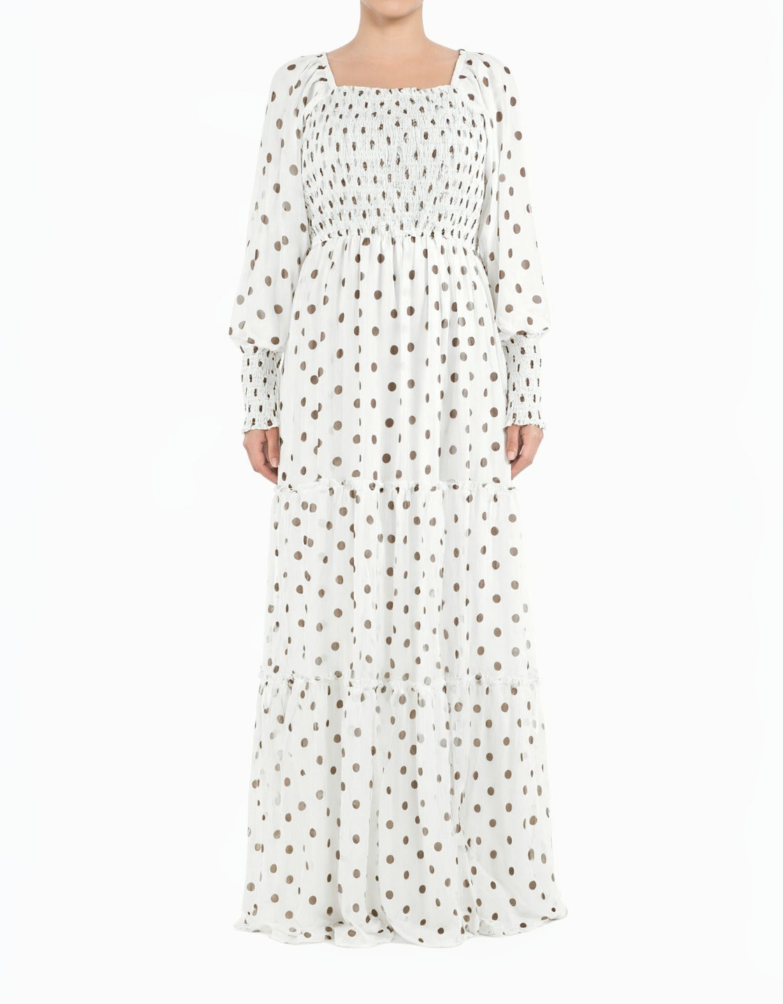 White Polka Dot Sorrento Smocked Tiered Modest Maxi Dress Kabayare