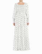 White Polka Dot Sorrento Smocked Tiered Modest Maxi Dress Kabayare