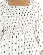 White Polka Dot Sorrento Smocked Tiered Modest Maxi Dress: smocked bodice detail