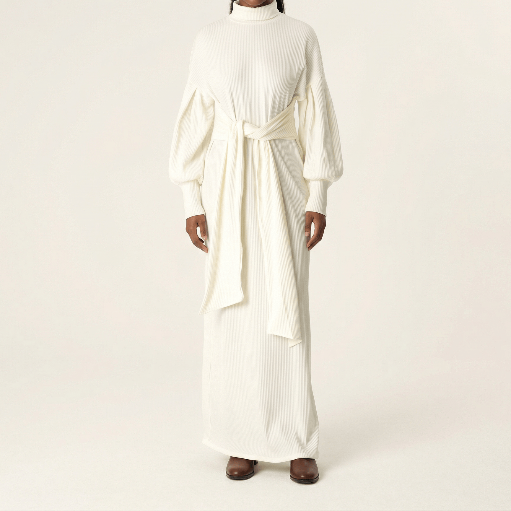 White Ribbed-Knit Turtleneck Sweater Dress Kabayare