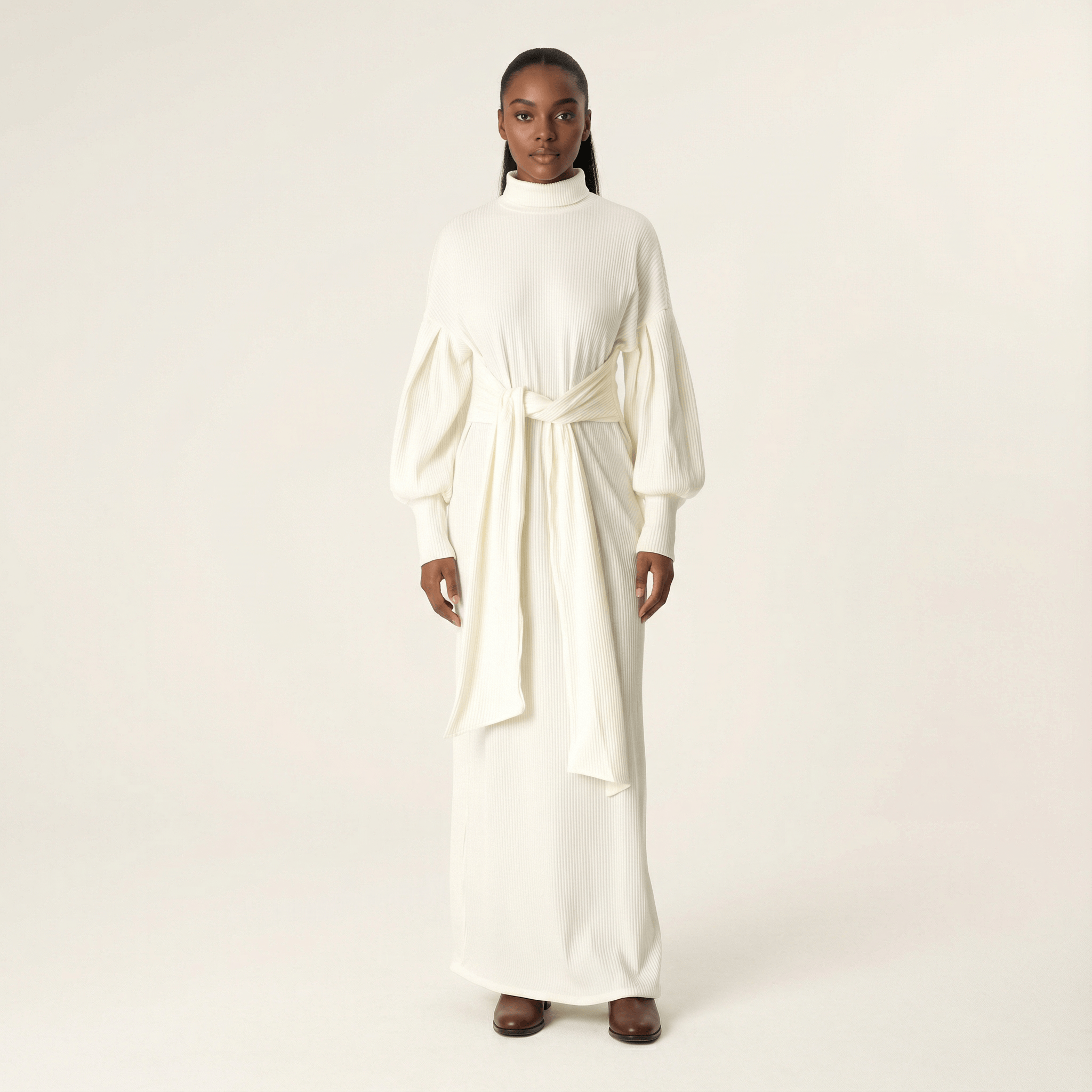 White Ribbed-Knit Turtleneck Sweater Dress Kabayare