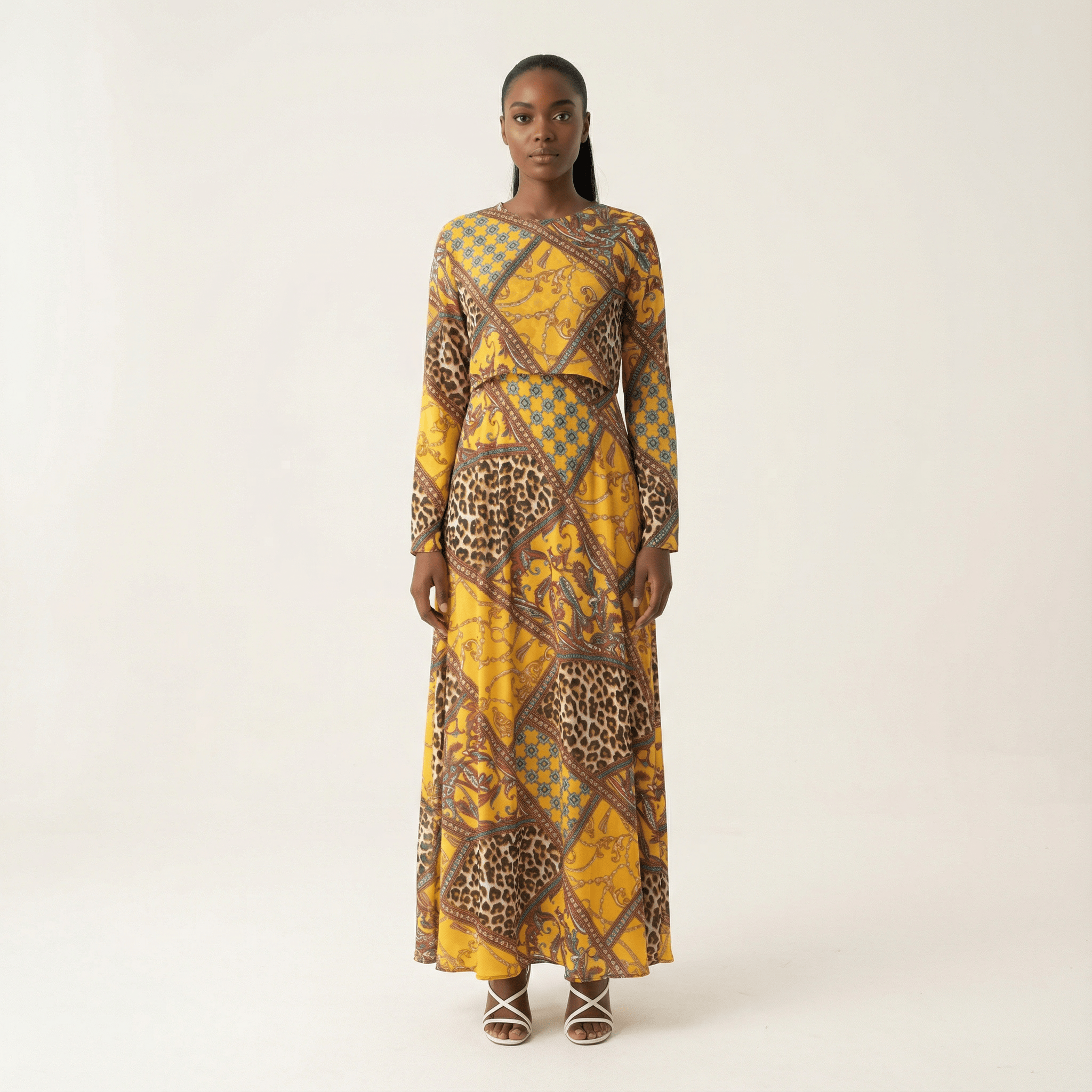 yellow mix media print maxi dress Kabayare