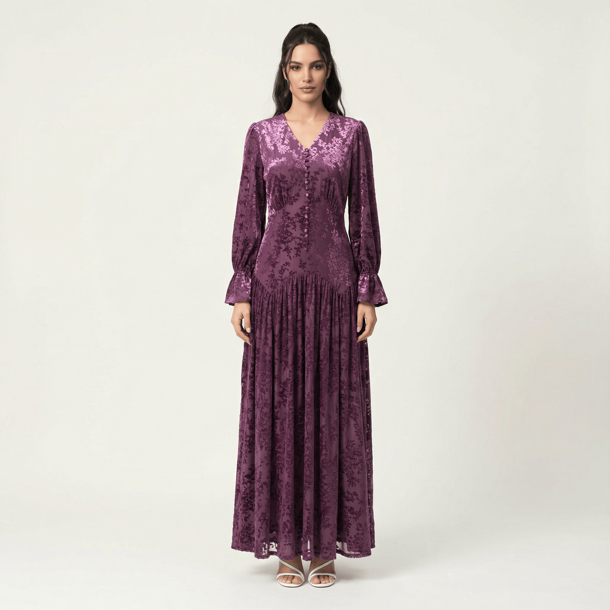 Zaria Eggplant velvet burnout modest maxi dress Kabayare