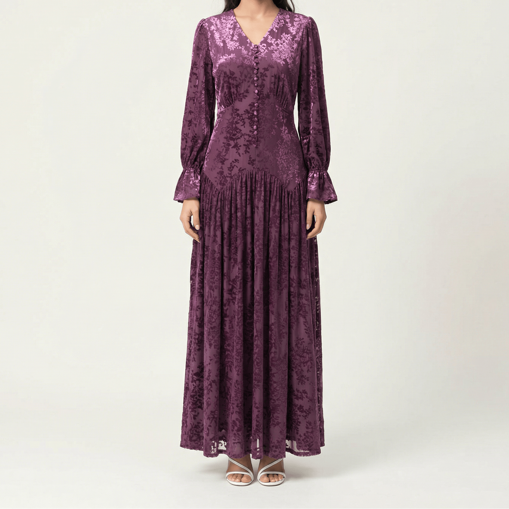 Zaria Eggplant velvet burnout modest maxi dress Kabayare