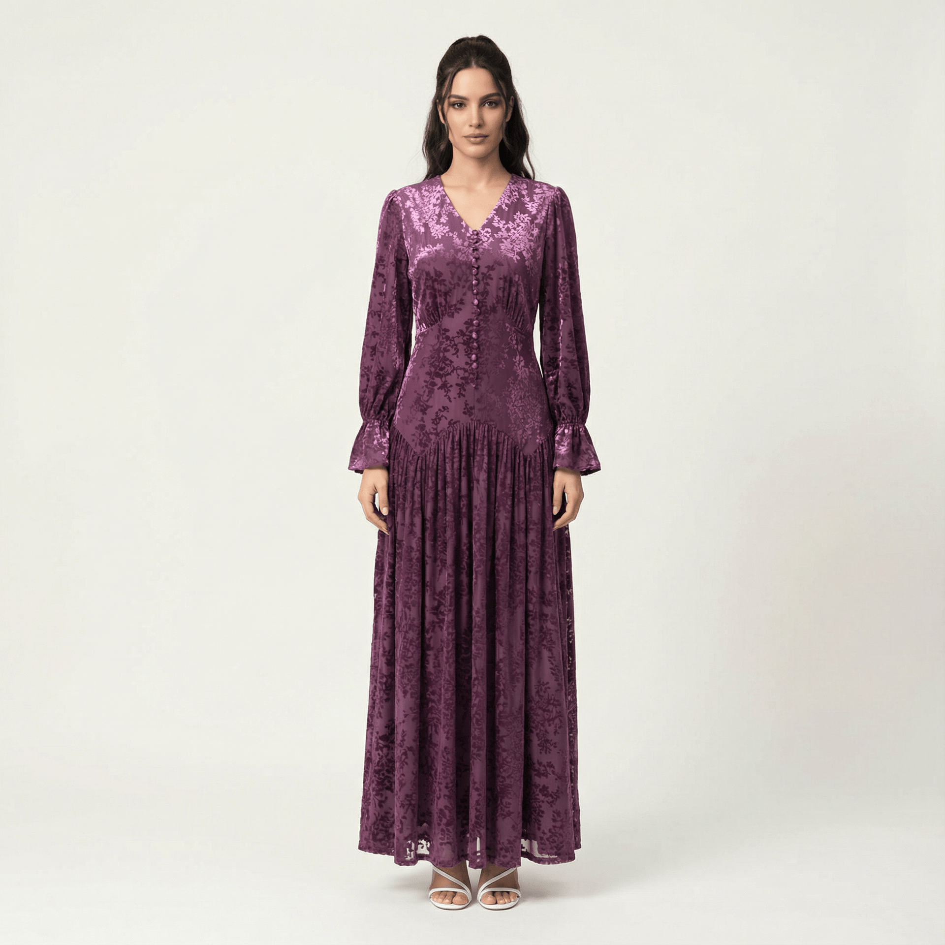 Zaria Eggplant velvet burnout modest maxi dress