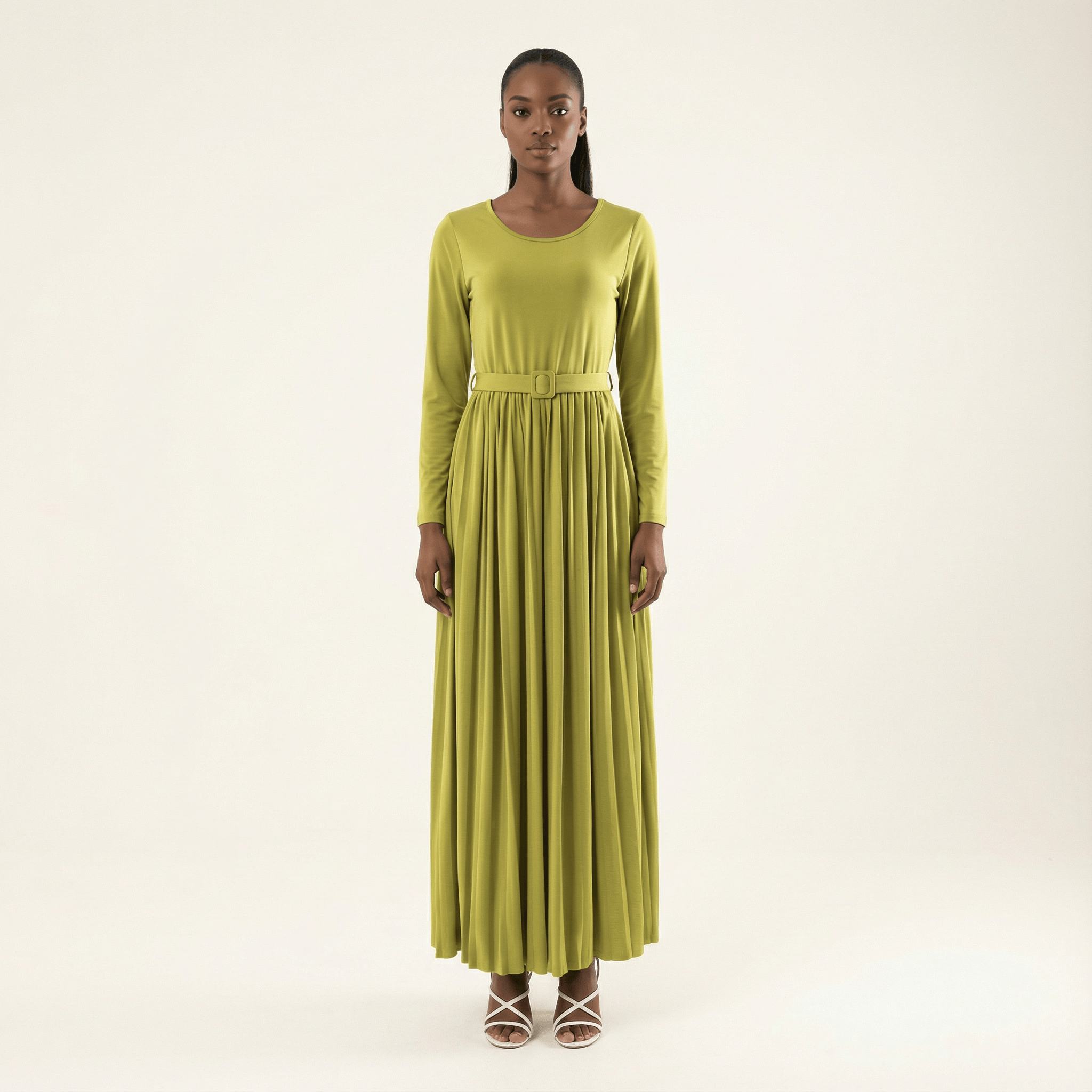 Zaytoon Olive pleated ponti di roma maxi dress Kabayare