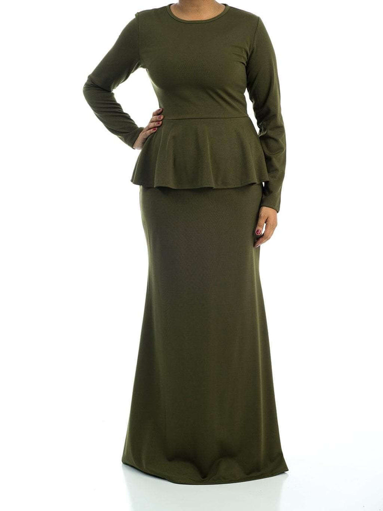 Army Green Long Sleeve Peplum Maxi Dress Kabayare