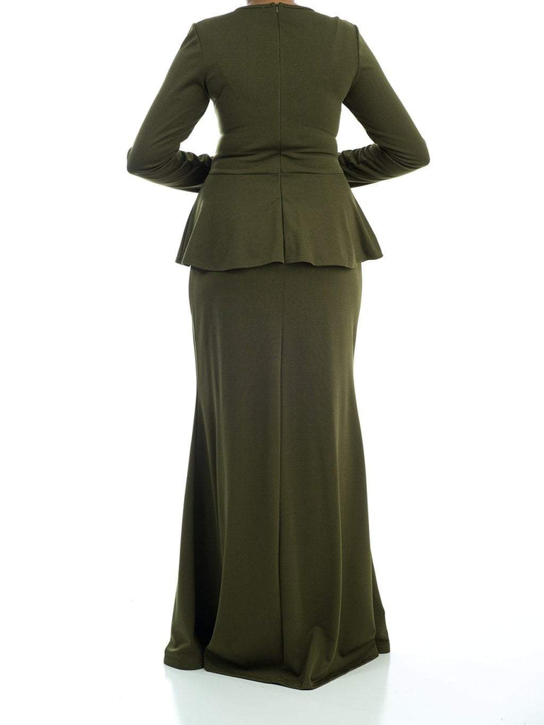 Army Green Long Sleeve Peplum Maxi Dress Kabayare
