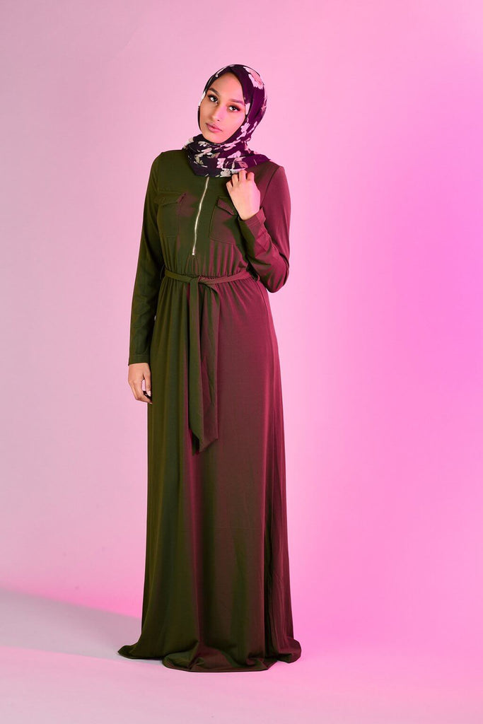 Army green zipper front Maxi Dress Kabayare