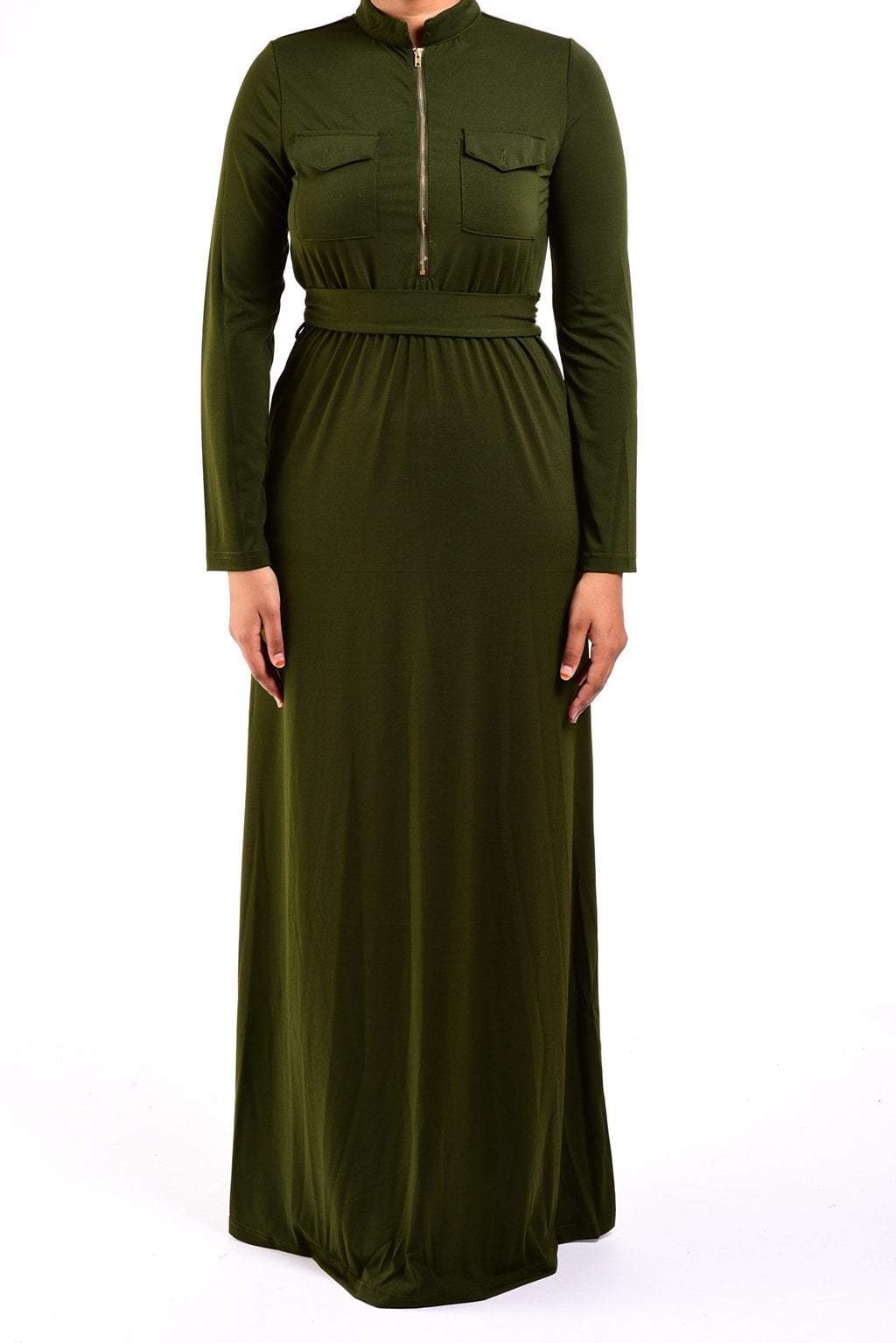 Army green zipper front Maxi Dress Kabayare