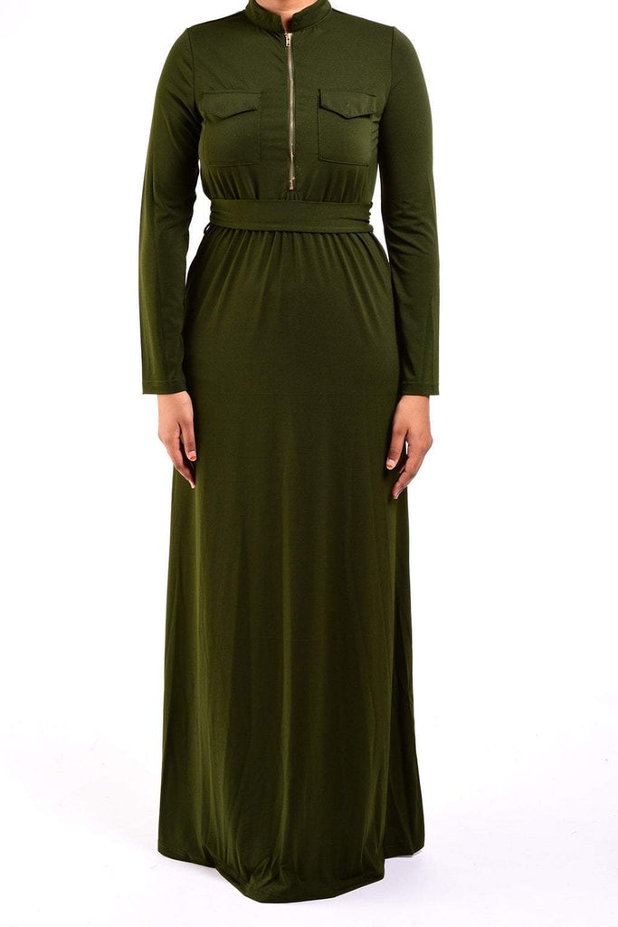 Army green zipper front Maxi Dress Kabayare