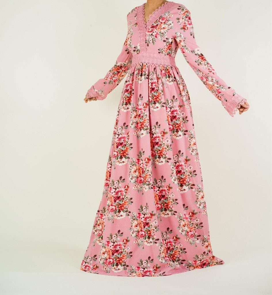 Begonia Print Lace-Up Maxi Dress Kabayare