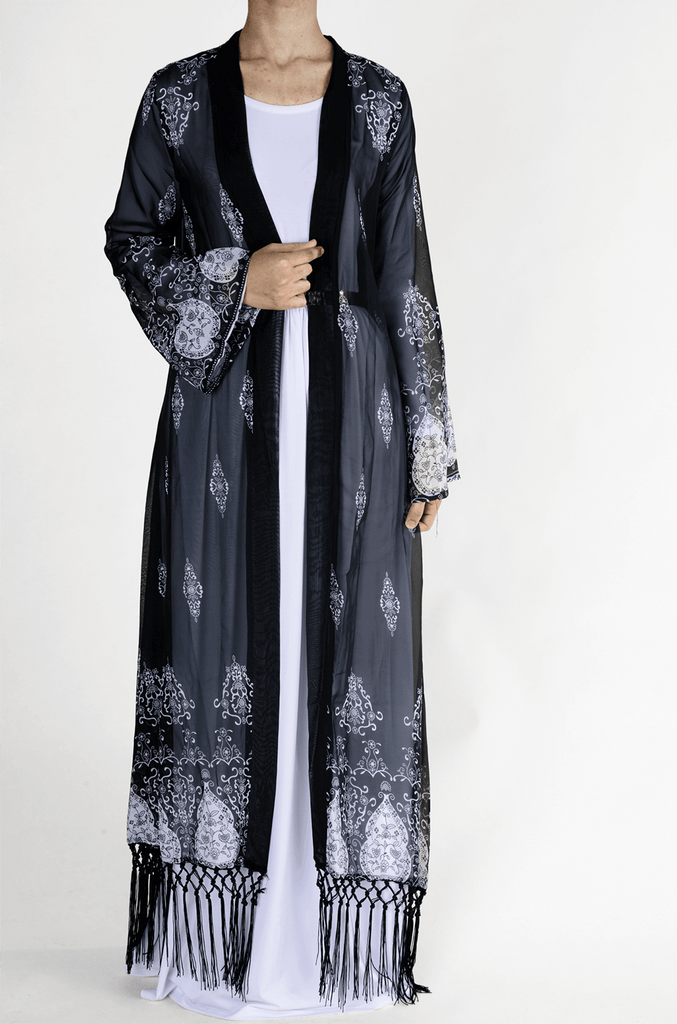 Black Chiffon Fringe Kimono Kabayare