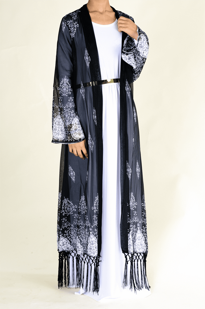 Black Chiffon Fringe Kimono Kabayare