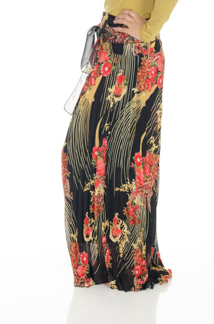Black Floral Pleated Maxi Skirt Kabayare