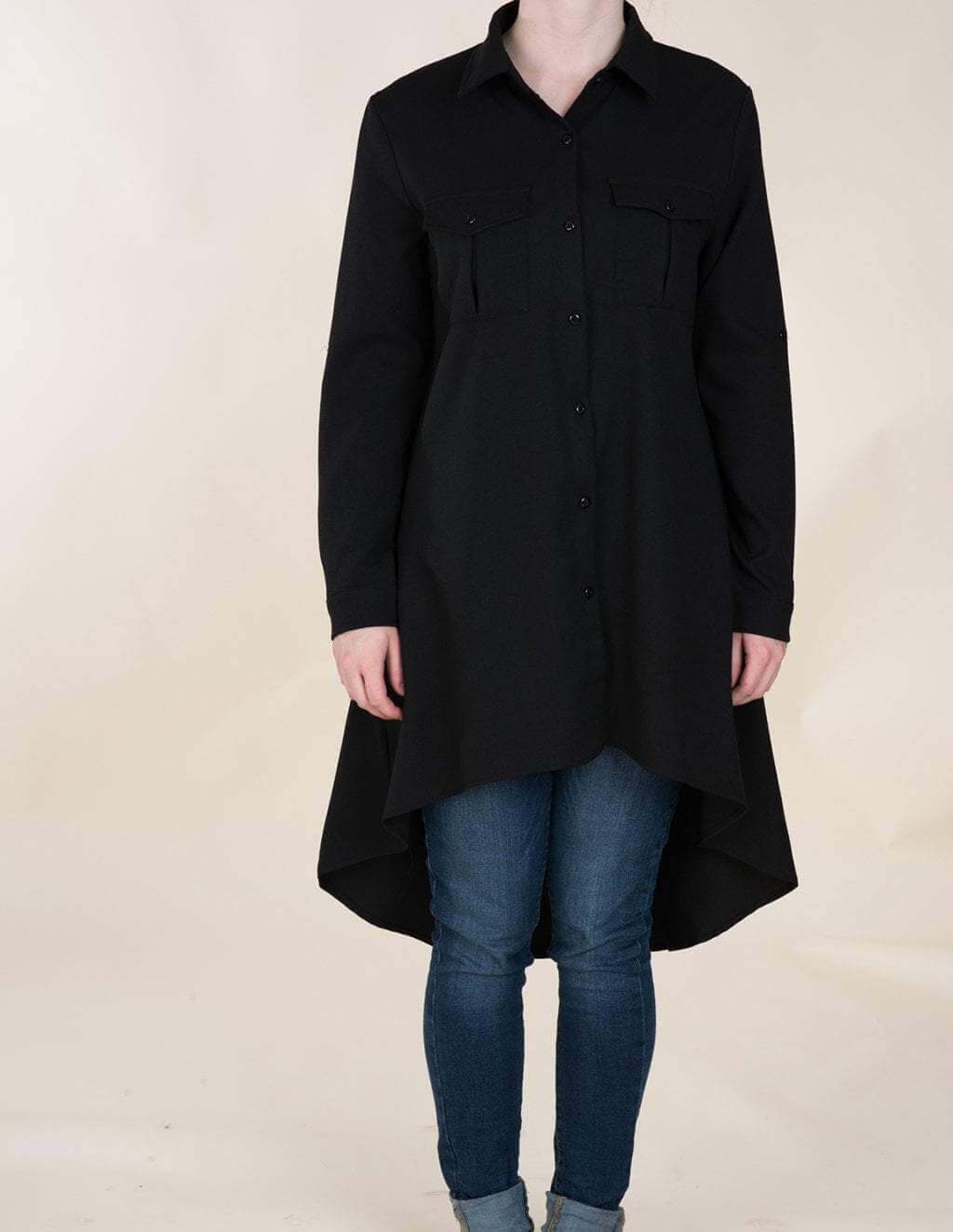 Black High Low Buttons Shirt Kabayare