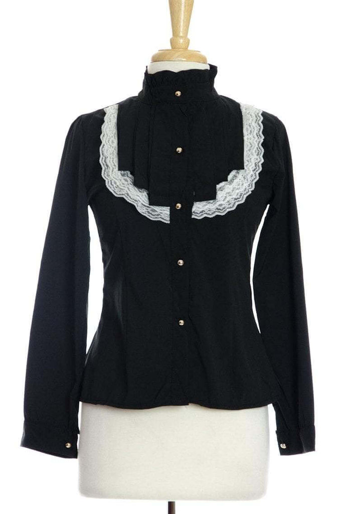 Black Lace Long Sleeve Ruffle Shirt Kabayare
