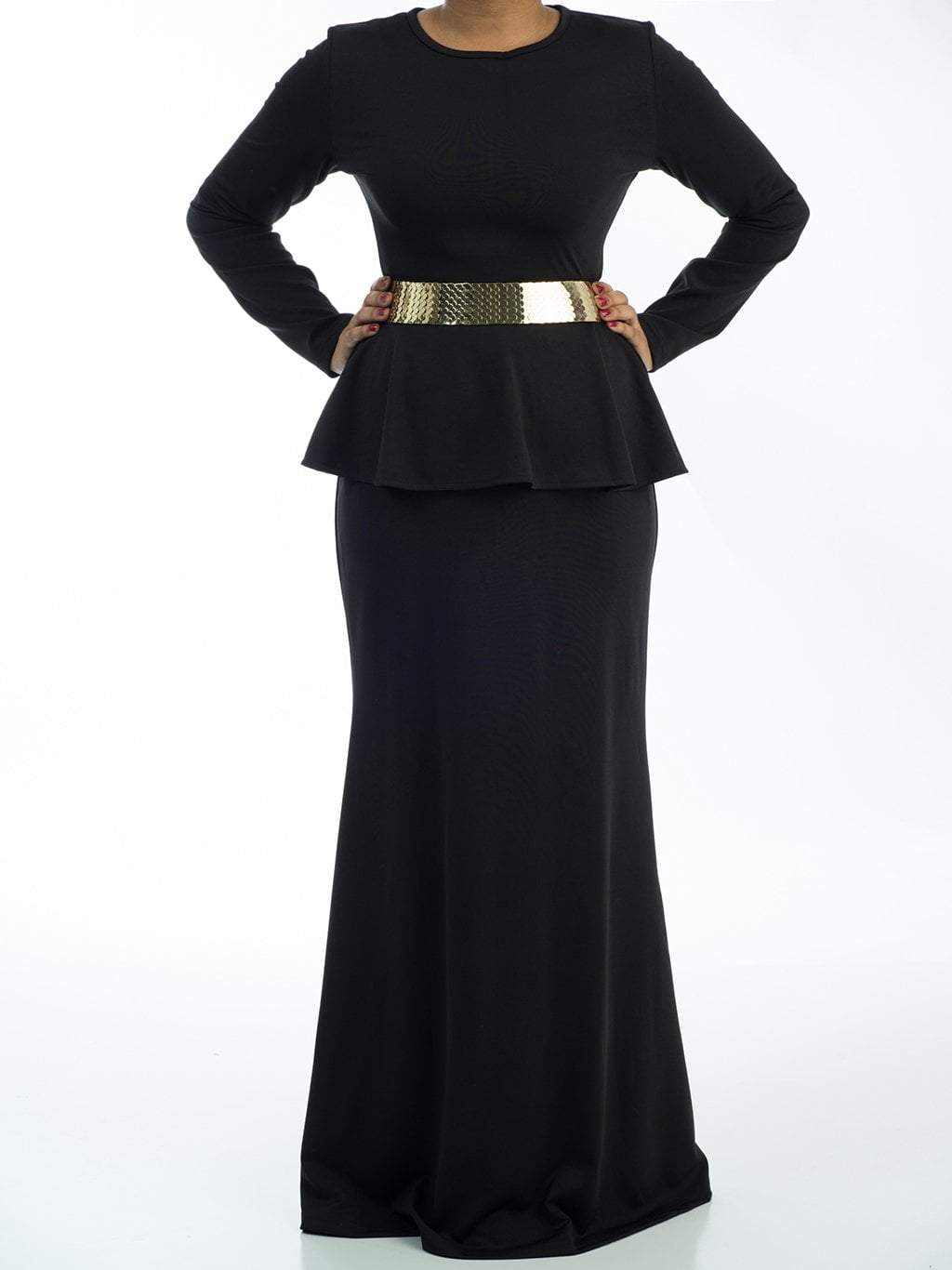 Black Long Sleeve Peplum Maxi Dress 2 Kabayare