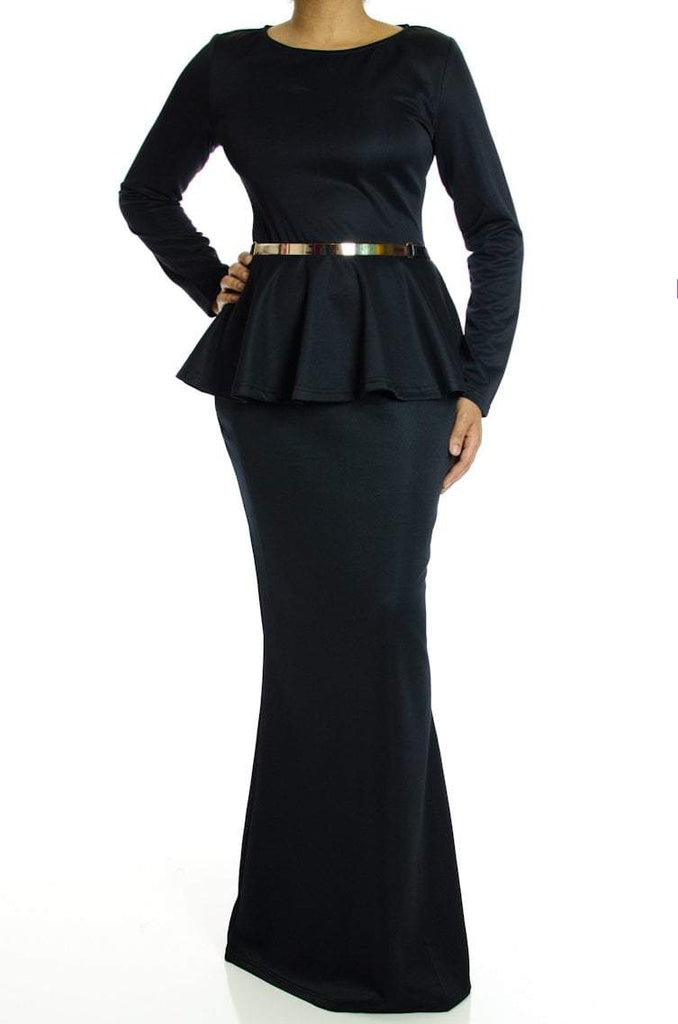 Black Long Sleeve Peplum Maxi Dress Kabayare