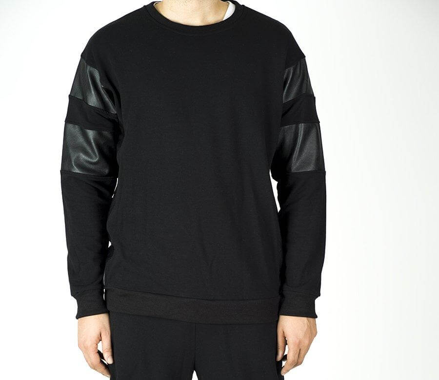 Black Pullover Leather Detail Sweater Set - Men Kabayare