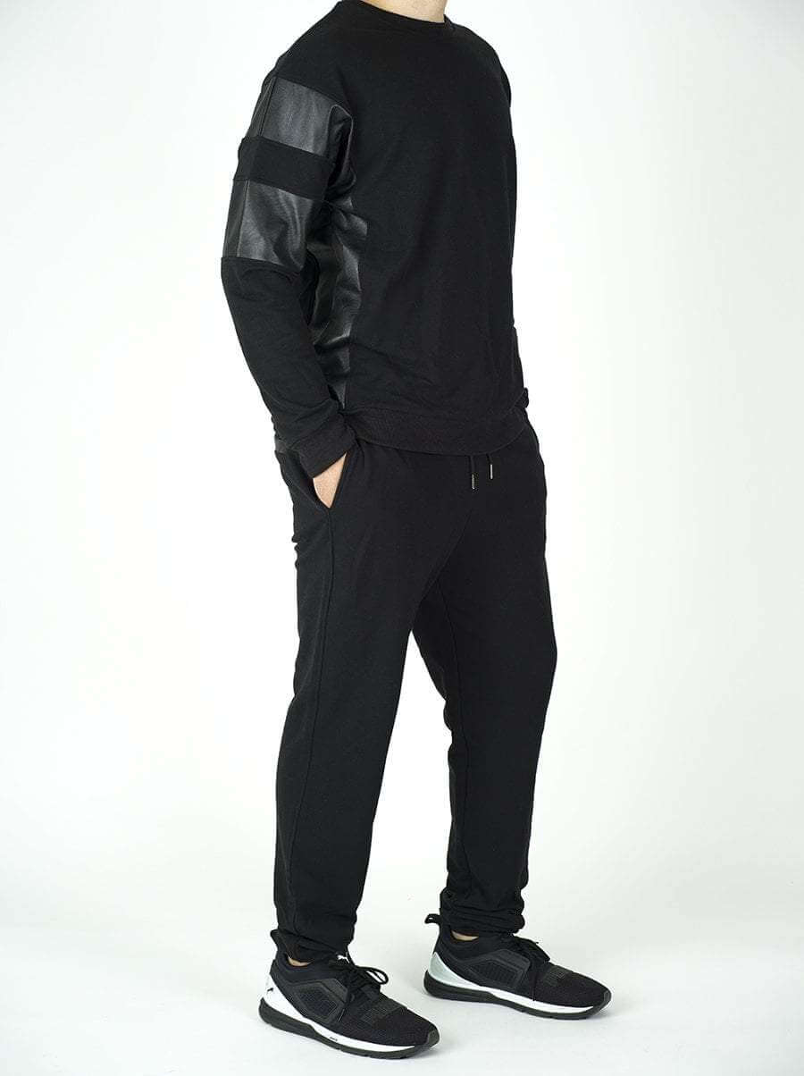 Black Pullover Leather Detail Sweater Set - Men Kabayare