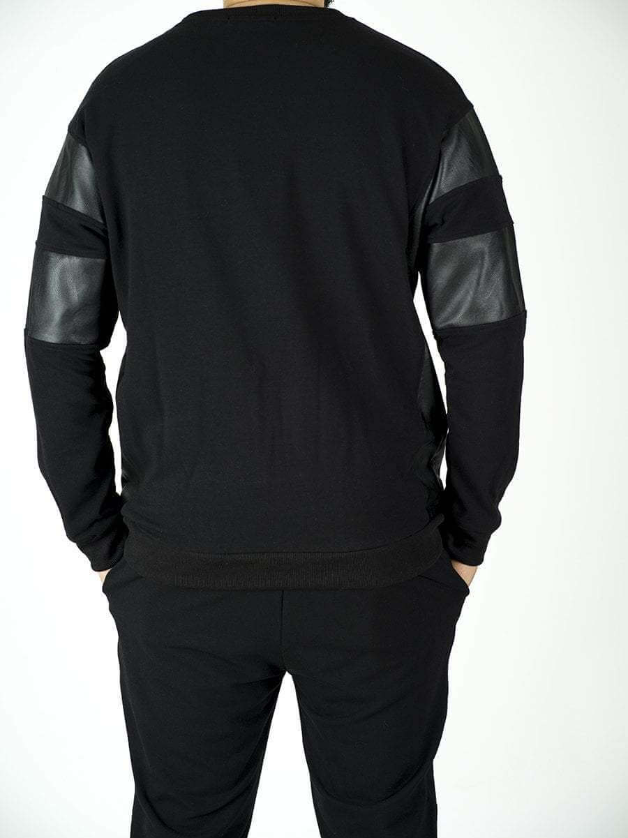 Black Pullover Leather Detail Sweater Set - Men Kabayare