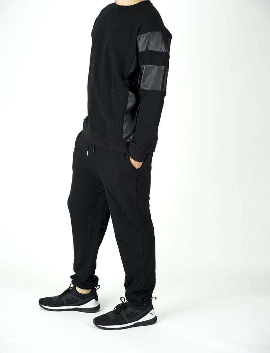 Black Pullover Leather Detail Sweater Set - Men Kabayare