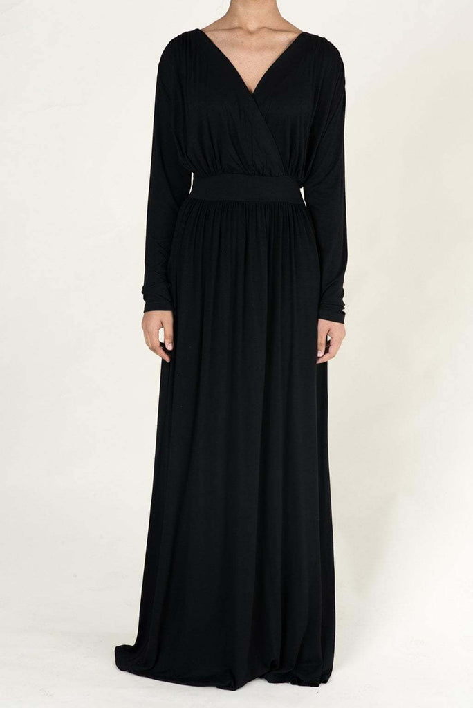 Black V-Neck Jersey Maxi Dress Kabayare