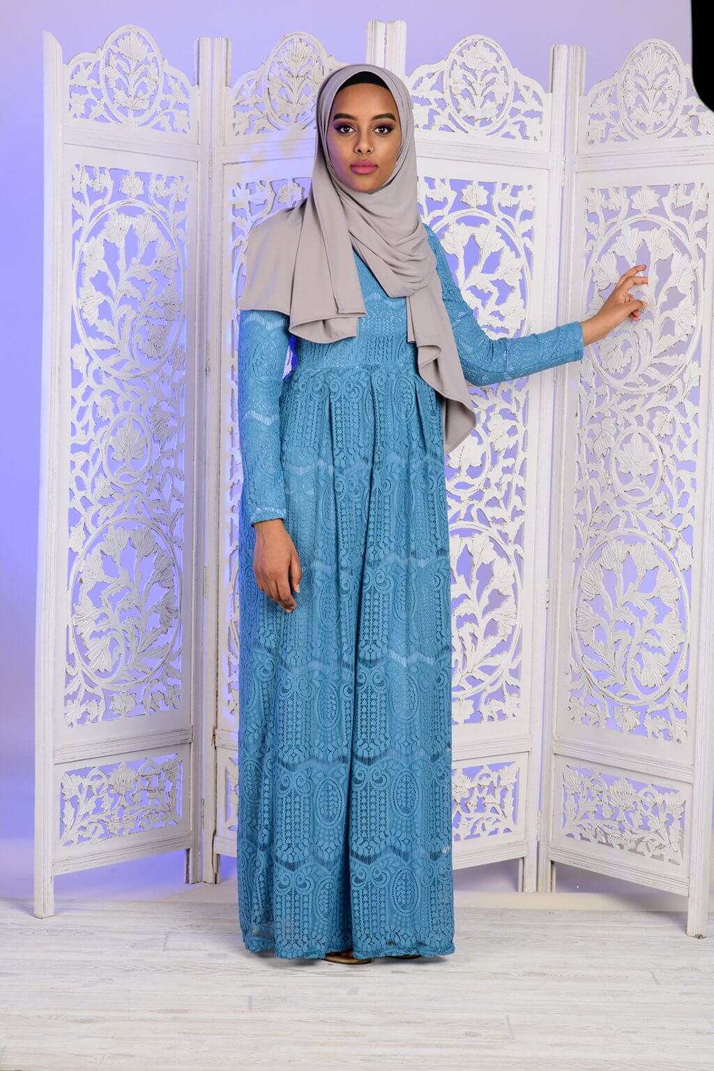 Blue Empire Pattern Lace Dress Kabayare
