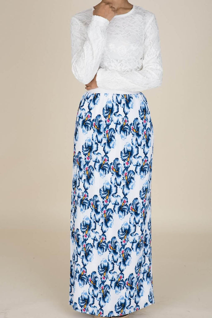 Blue Floral Pencil Pleated Skirt Kabayare