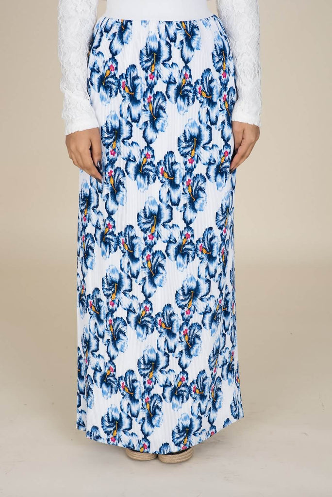 Blue Floral Pencil Pleated Skirt Kabayare