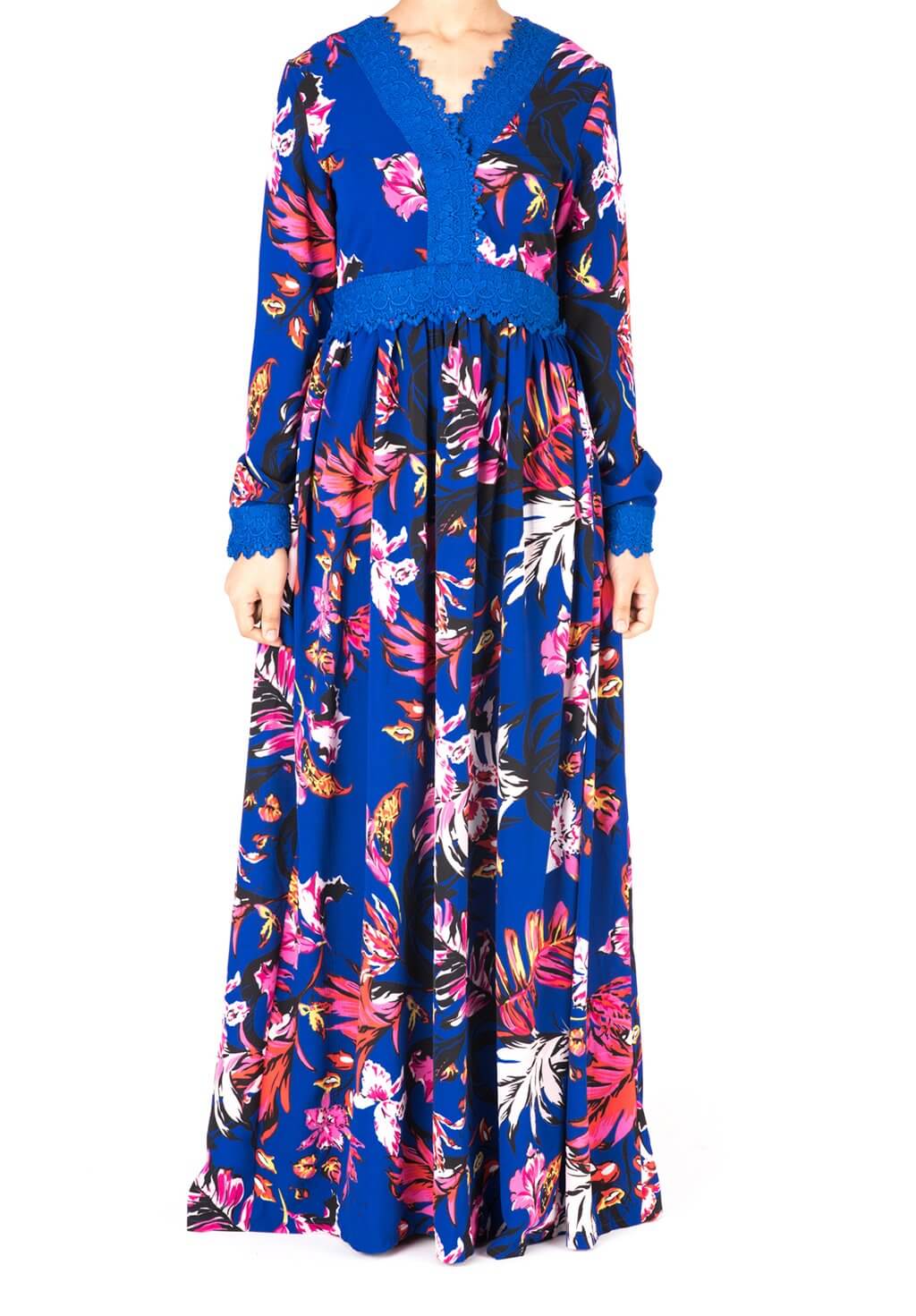 Blue Floral Print Lace-Up Maxi Dress Kabayare