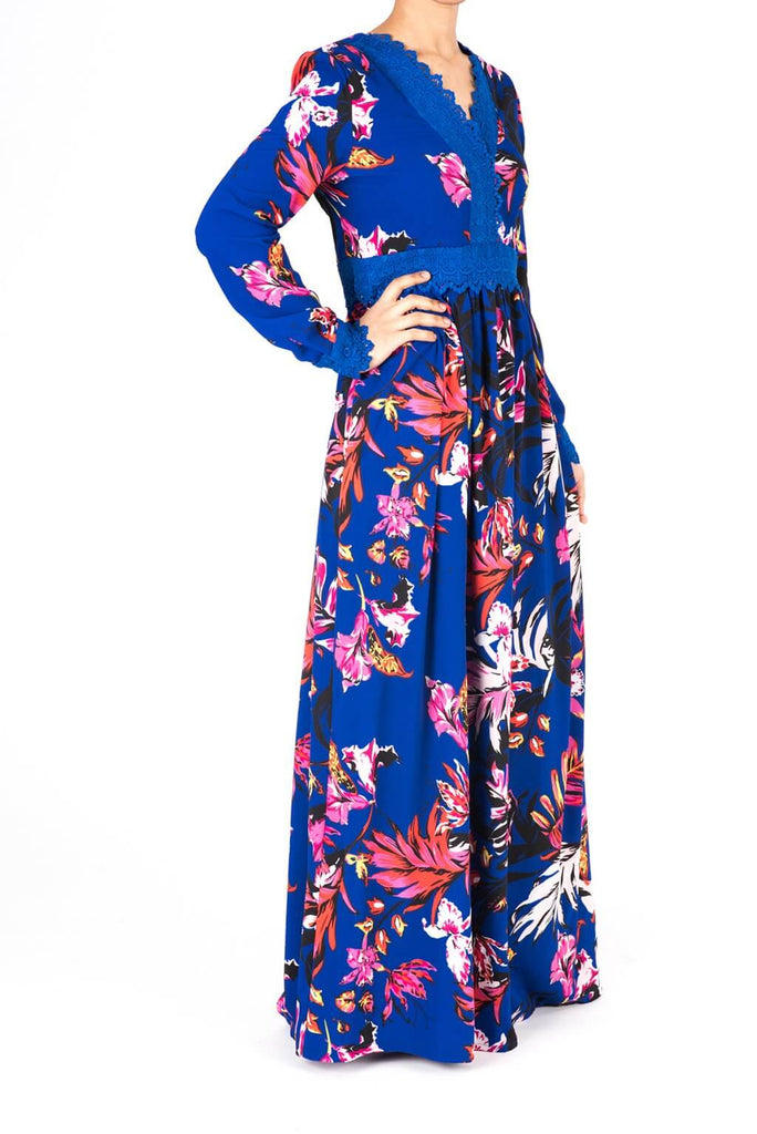 Blue Floral Print Lace-Up Maxi Dress Kabayare