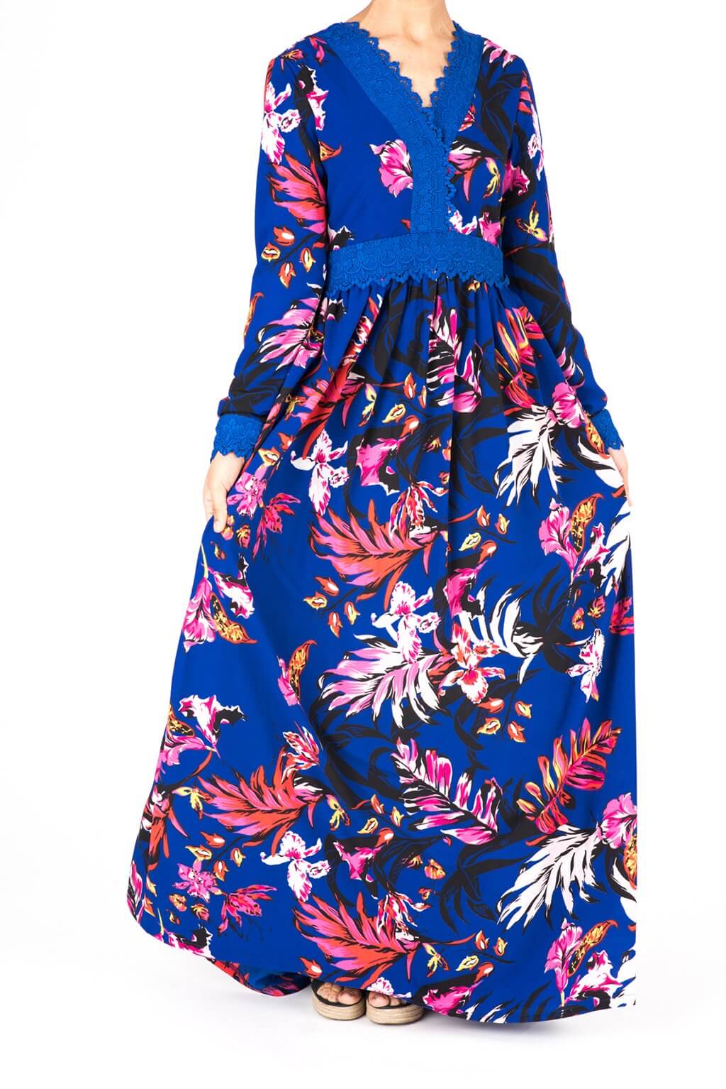 Blue Floral Print Lace-Up Maxi Dress Kabayare