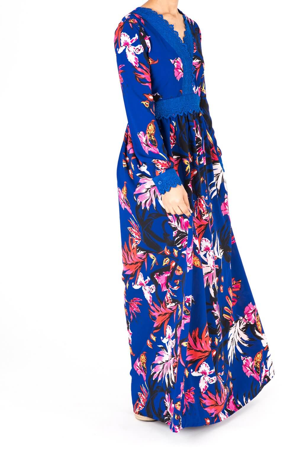 Blue Floral Print Lace-Up Maxi Dress Kabayare