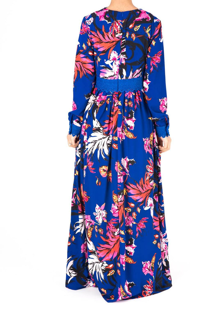 Blue Floral Print Lace-Up Maxi Dress Kabayare