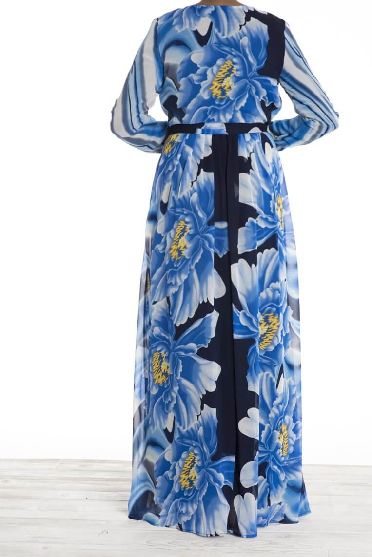 Blue Floral Waves Chiffon Dress Kabayare