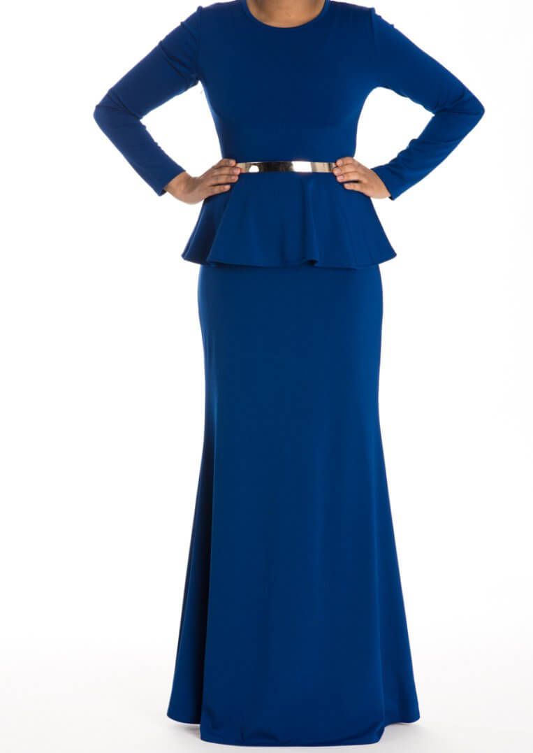 Blue Long Sleeve Peplum Maxi Dress Kabayare