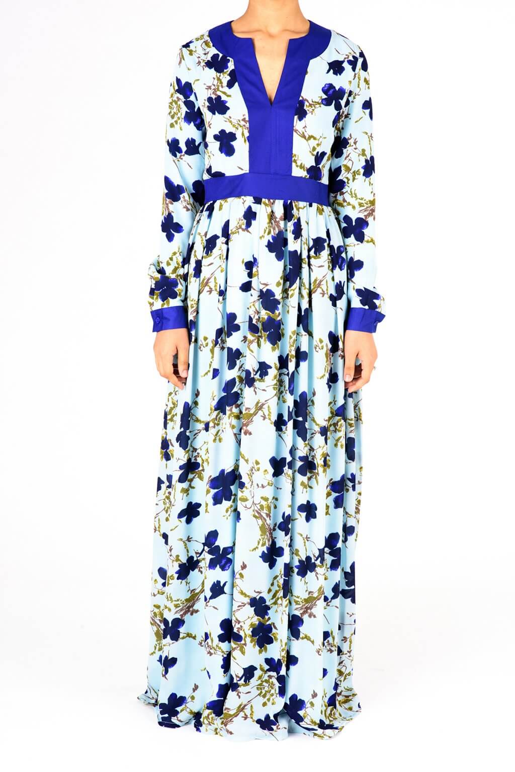 Blue Mixed Media Floral Maxi Dress Kabayare