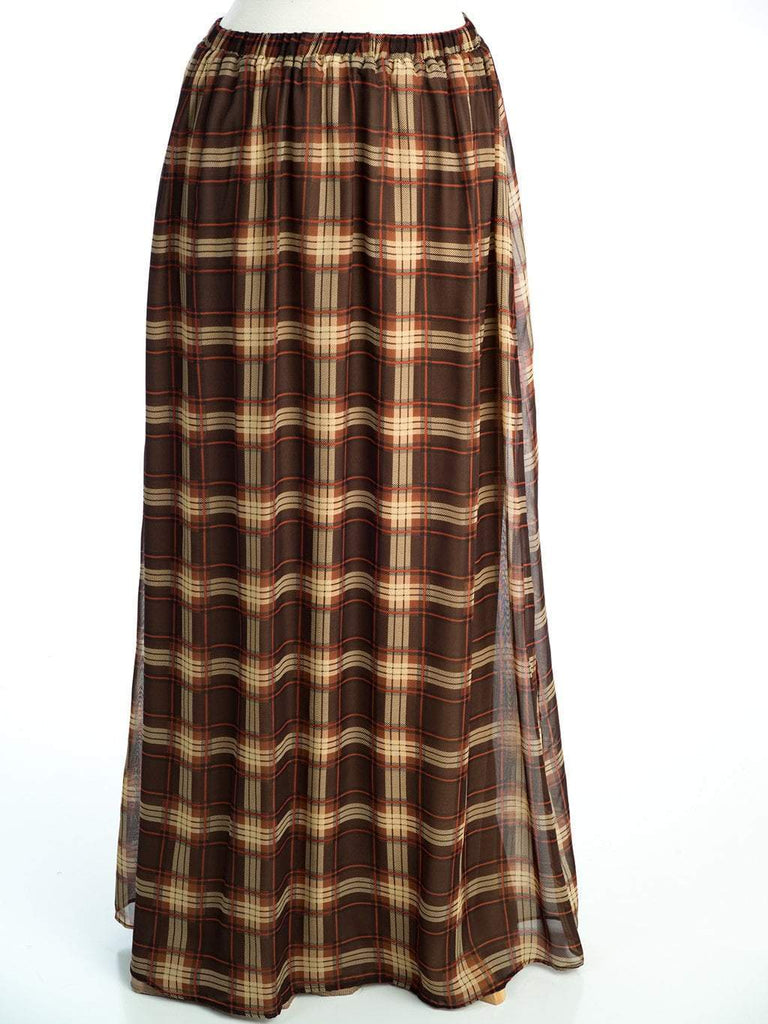 Brown Plaid Chiffon Maxi Skirt Kabayare