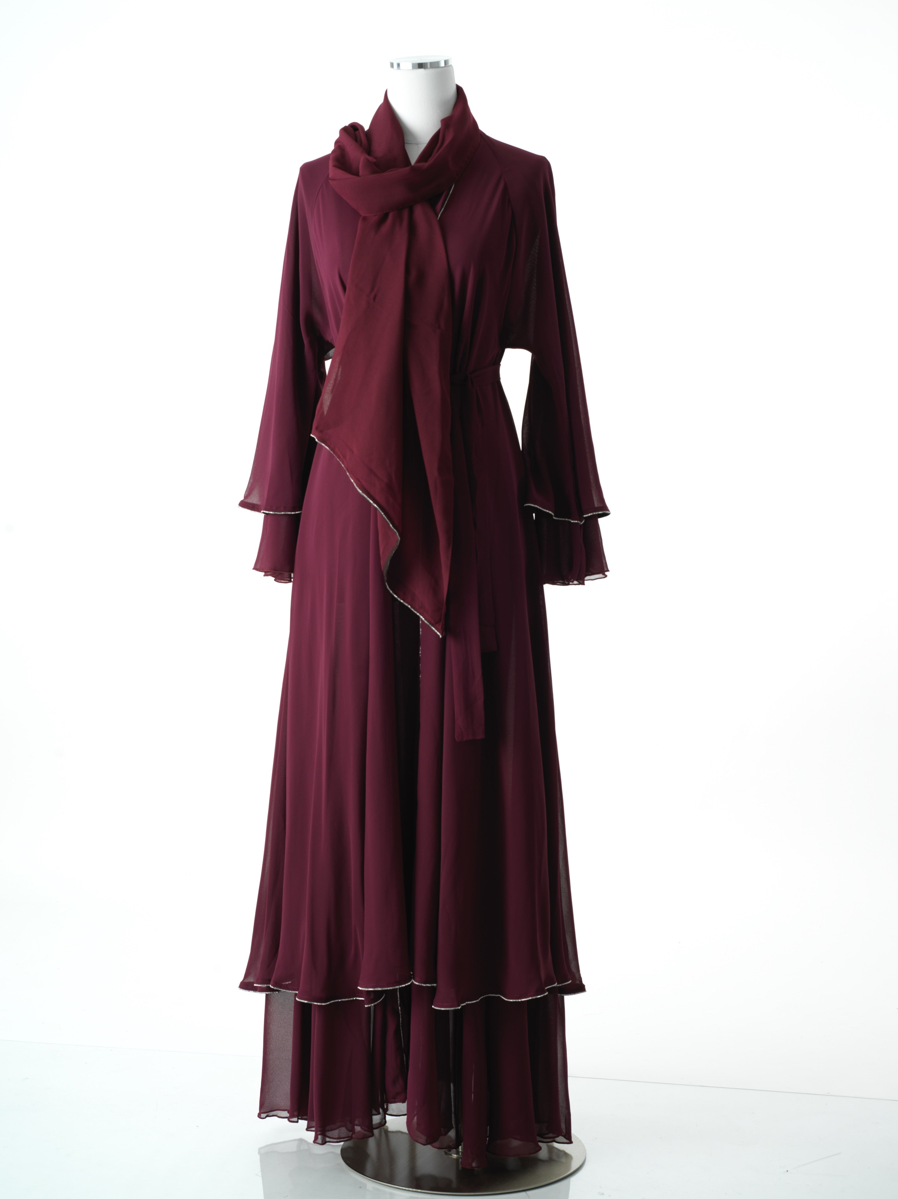 Burgundy tiered chiffon abaya Kabayare