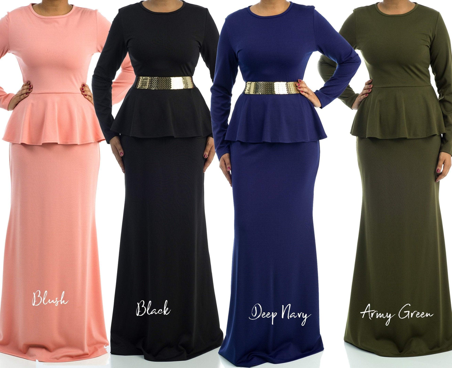 peplum maxi dress long sleeve True Violet Label Long Sleeve Plunge Maxi Dress With Peplum in Black
