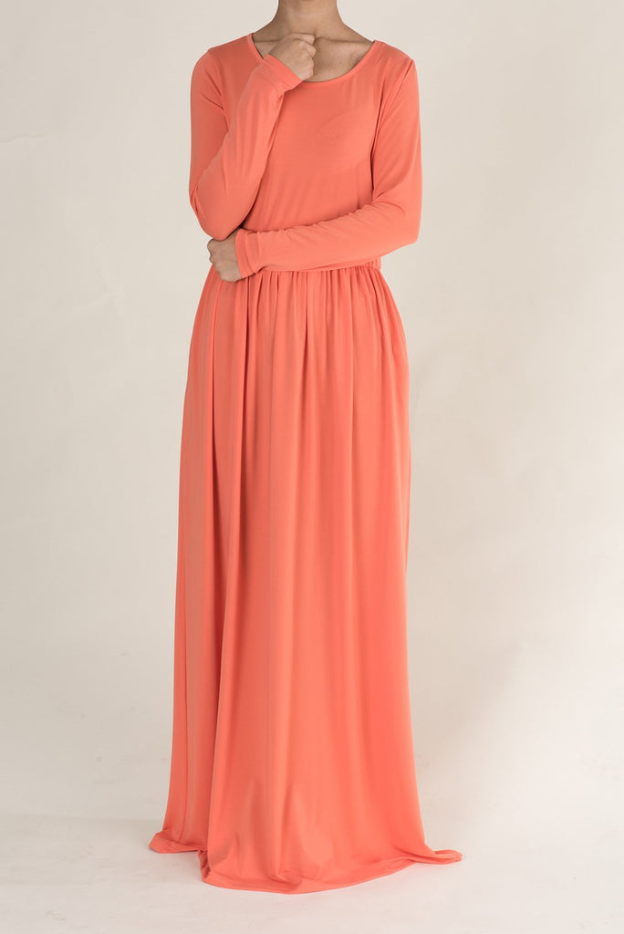 Coral Milk Silk Maxi Dress / Pockets Kabayare