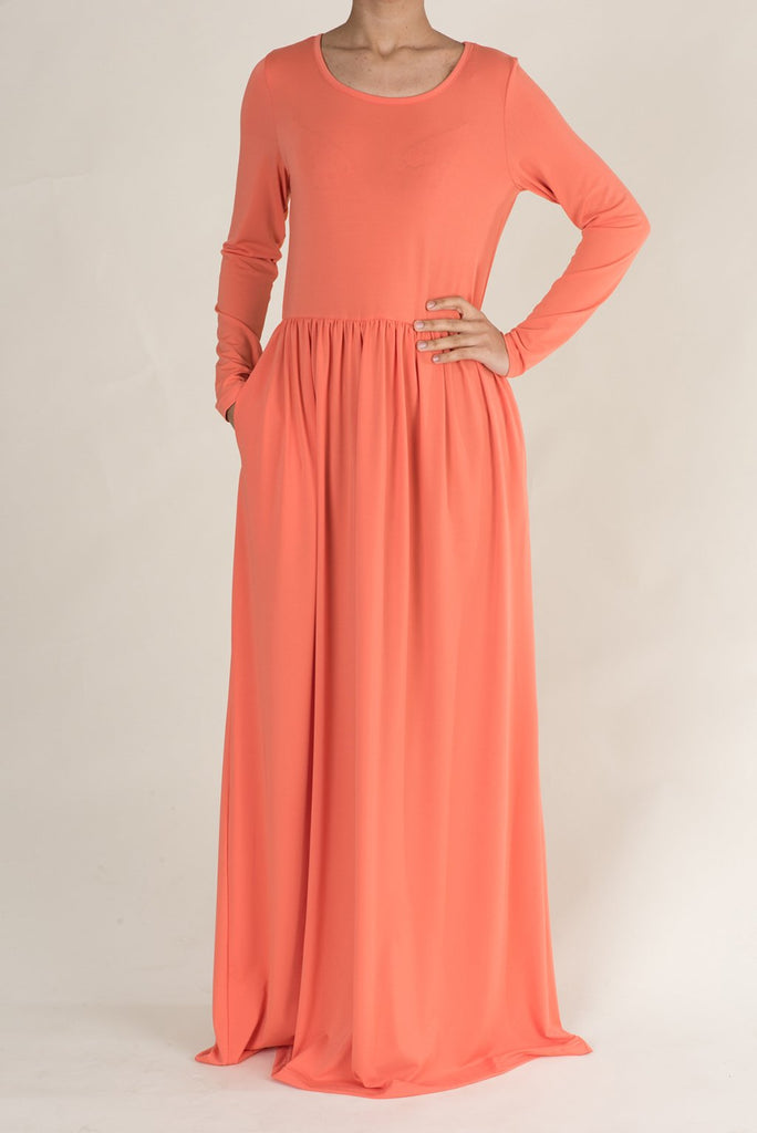 Coral Milk Silk Maxi Dress / Pockets Kabayare