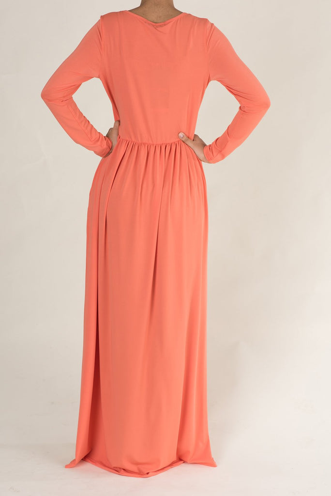 Coral Milk Silk Maxi Dress / Pockets Kabayare