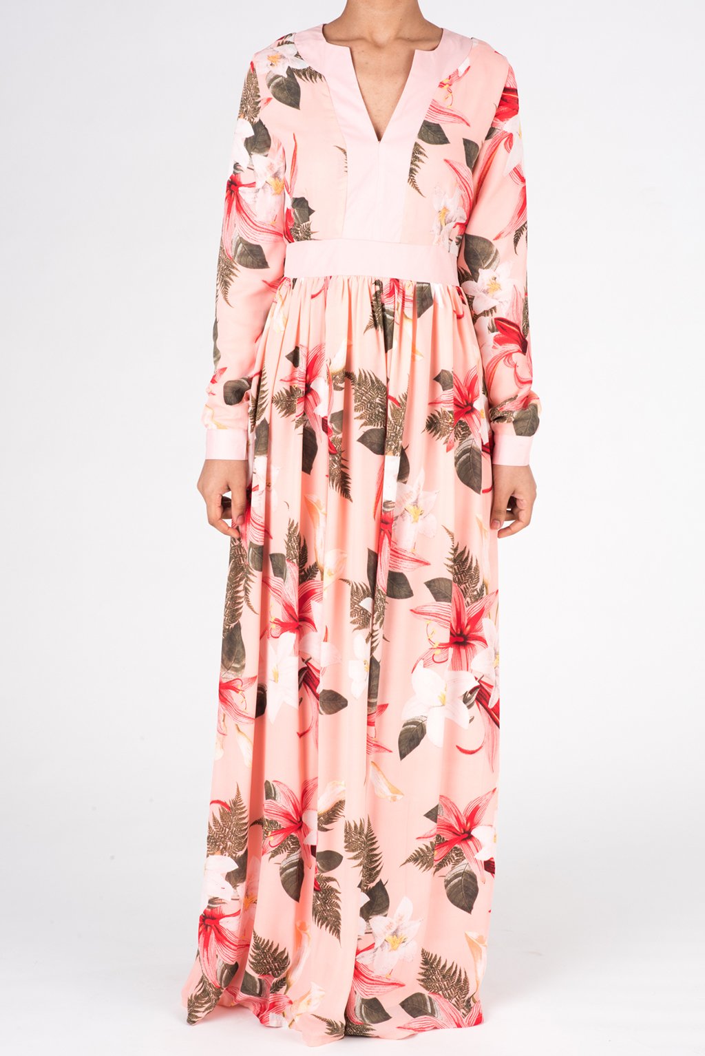Coral Mixed Media Floral Maxi Dress Kabayare