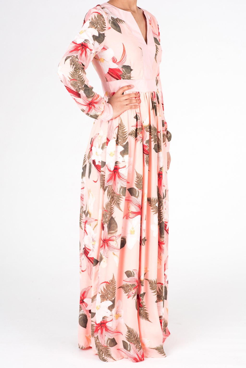 Coral Mixed Media Floral Maxi Dress Kabayare