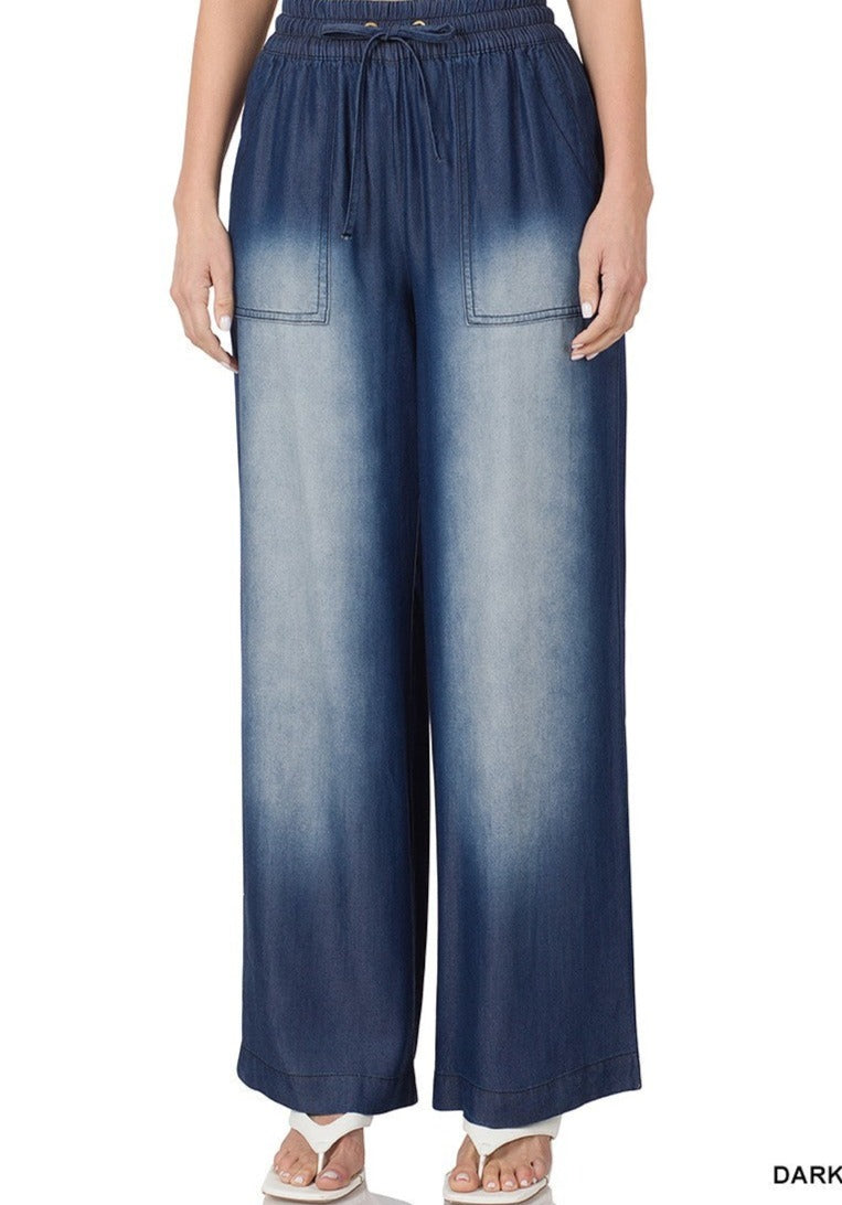 Dark Blue CHAMBRAY DRAWSTRING WIDE LEG PANTS KF